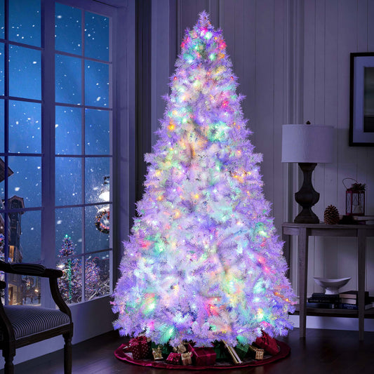 Lookfly Pre-Lit Artificial Christmas Tree,6ft White Christmas Tree with 300 Warm White & Multicolor Lights,Xmas Tree for Home, Holiday Party Decorations